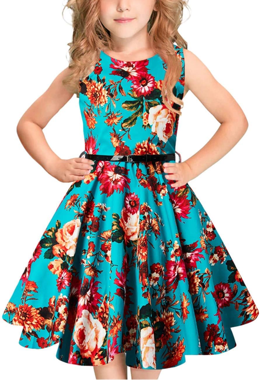 Girls 50s Vintage Swing Rockabilly Retro Sleeveless Party Dress for Occasion, Floral 1, 5-6 Years/114-122CM