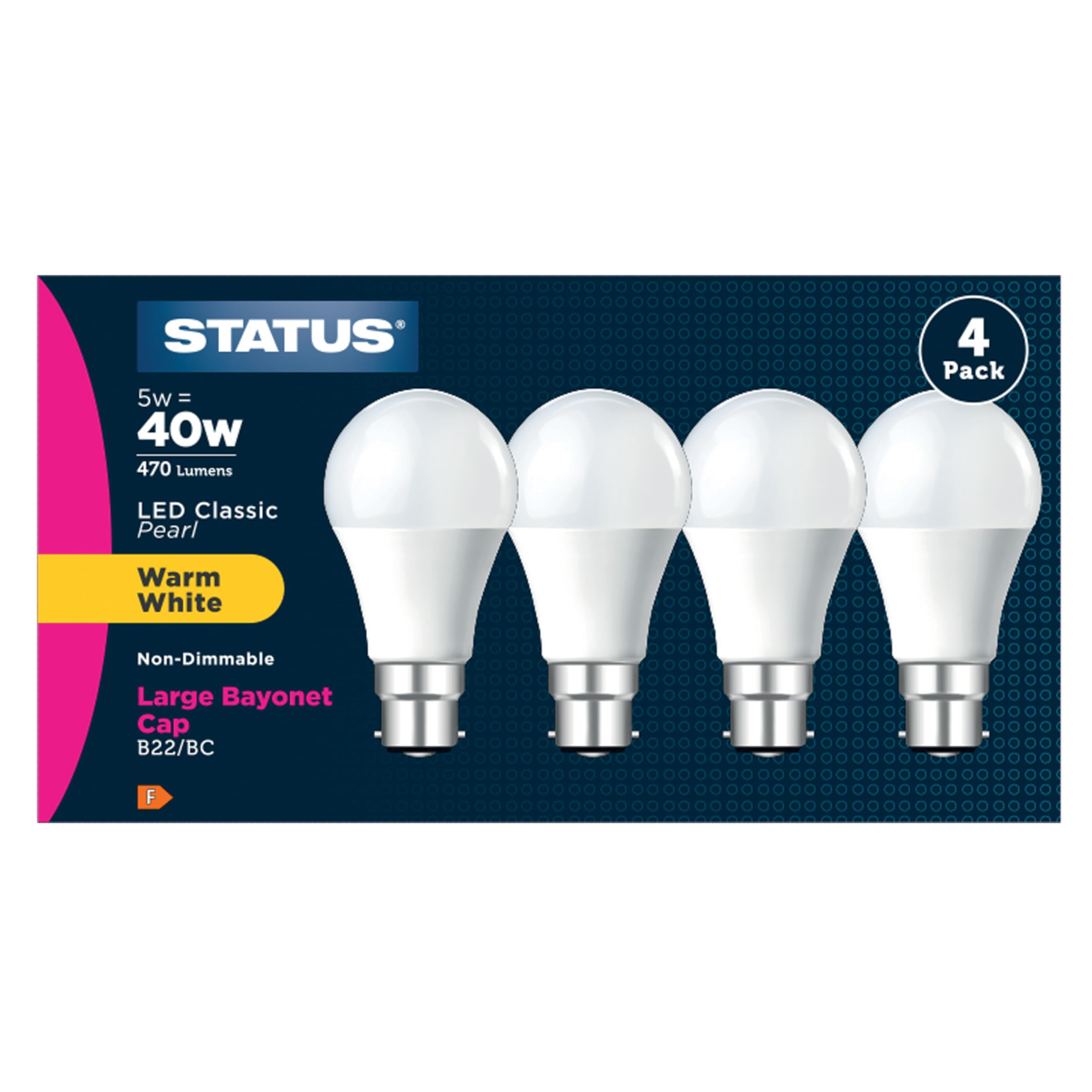 Status LED Warm White B22, GLS, 5w = 40w, 470 lumens, Pearl Style, 4 Pack Box (5SLGWB22P4B5)