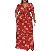 Runwind Plus Size Dress for Women - 3/4 Sleeve V Neck Maxi Dresses for Women (XL-6XL)