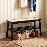 ROCITY Black Rattan Bench 30 Inch Wooden Entryway Bench with Shoe Rack | Farmhouse Vintage Rustic Bench, Natural Solid Wood, Small Bench, Seat Storage Indoor Bench for Porch/Dining Room/Living Room