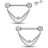 CM Crareesi Mania Threadless Push-in Nipple Ring 14G Stainless Steel Chain Nipple Piercing Jewelry 2PCS Nipple Rings for Women Dangle CZ Nipple Jewelry