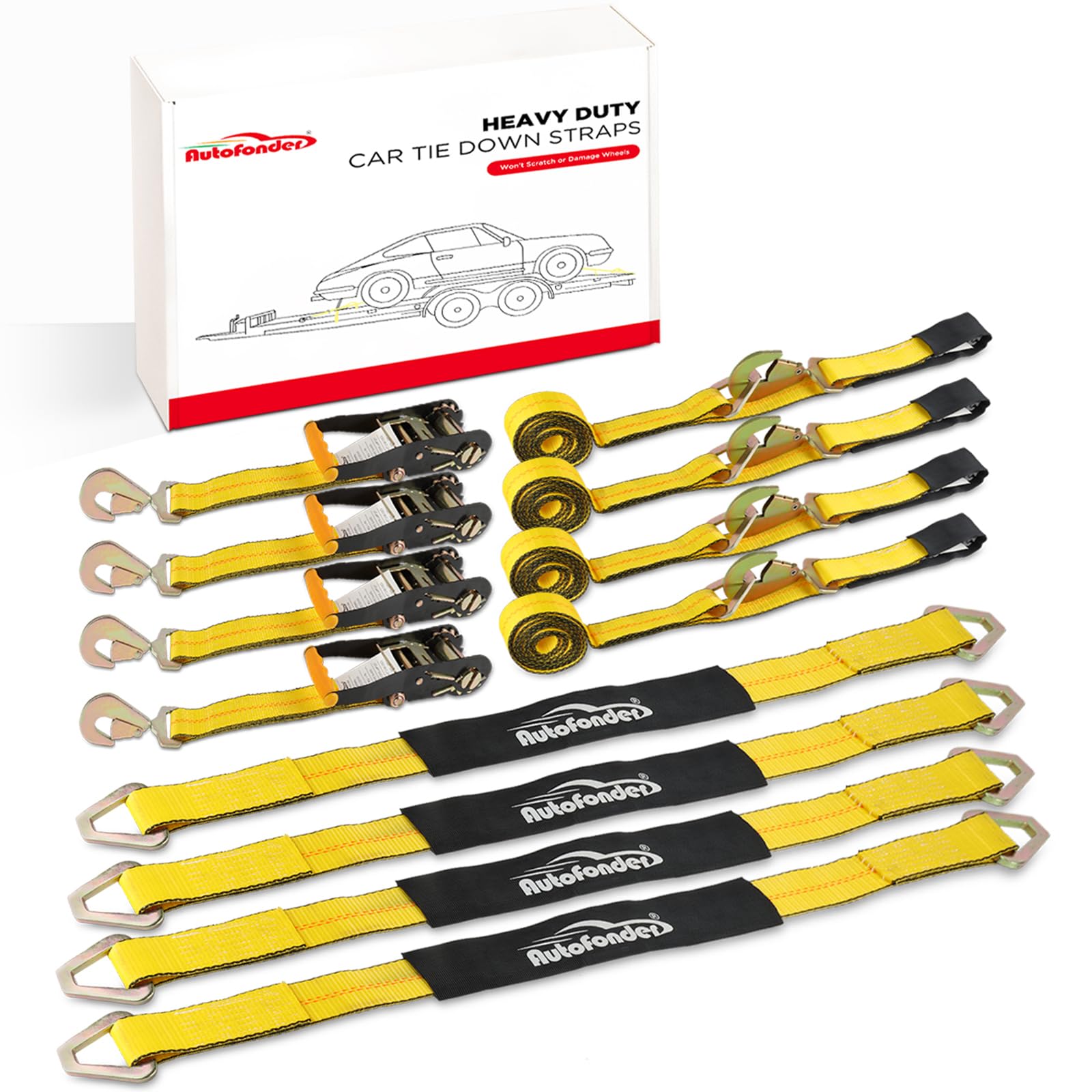 Photo 1 of Heavy Duty Car Tie Down Straps for Trailers Kit – 4 Pack 2"x120" Ratchet Straps + 2"x36" Axle Strap – 10,000lb Break Strength Tire Straps for Trailers, Trucks, UTVs & Cargo – Snap Hooks