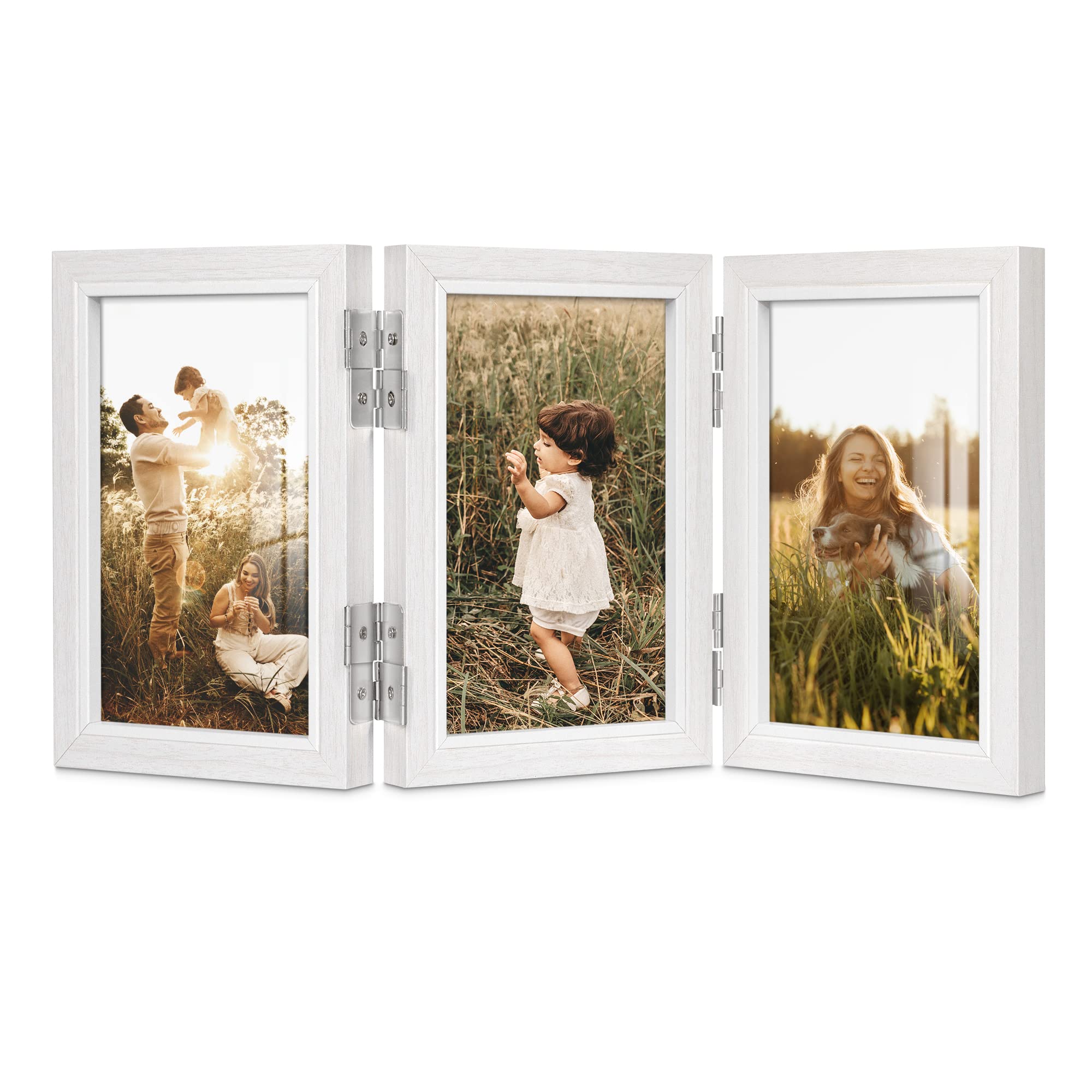 Afuly Photo Frame 6x4 White Triple Picture Frames Multi with 360° Folding Hinge, Wooden Family Frame for Tabletop and Wall Hanging, Gift for Friends on Christmas Thanksgiving Day