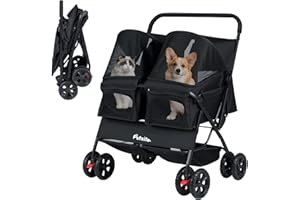 PETSITE Double Pet Stroller, Foldable Double Dog Stroller with 2-Seater Carrier, Adjustable Sunshade, Removable Pad, Safety Belt, Storage Basket, 4-Wheel Pet Travel Cart for 2 Puppies & Cats (Black)