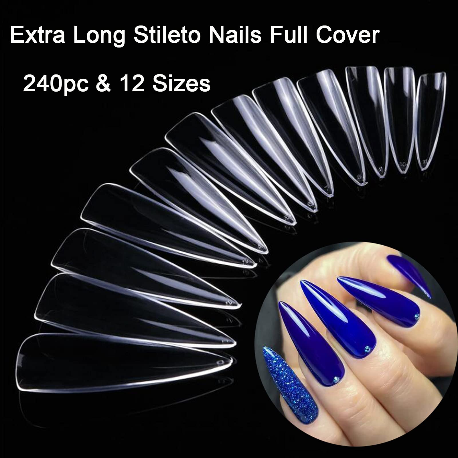 LoveOurHome 240pc Long Stiletto Nail Tips XL Clear Acrylic False Nails Pointy Stiletto Artificial Fake Nail Art Tips Full Cover 12 Size Manicure DIY Fingernails Design Nail Decor for Women Girls - Image 2