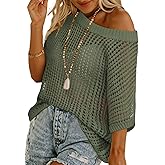 Swimsuit Coverup for Women Beach Vacation Clothes Spring Summer Scoop Neck Short Sleeve Sweaters Casual Crochet Knit Tops