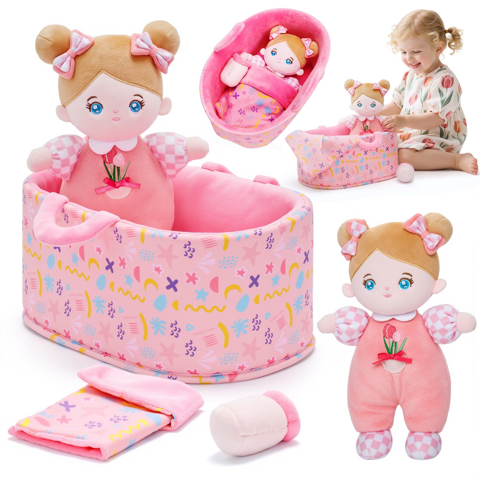 OUOZZZ Baby Doll Accessories with Soft Doll, Bassinet, Blanket and Bottle, Interactive Pretend Playset for Social Emotional Learning, Perfect Birthday Toy & Gift for 2 Year Old Girls