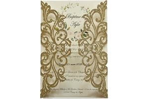 GENERIC 25PCS Champagne Gold Glitter Laser Cut Wedding Invitations Cards with Envelopes,Blank Inner Sheets,Ribbons for Wedding Bridal Shower Quinceañera Engagement Birthday Invites, champagne glitter