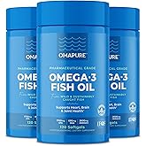 OMAPURE Fish Oil Supplements with Omega 3 Fatty Acids (3 Bottles, 120 Softgels) - High EPA, DHA, & IFOS Fish Oil Pills Support Heart & Joint Health - Burpless Fish Oil Promotes Brain Function