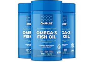 OMAPURE Fish Oil Supplements with Omega 3 Fatty Acids (3 Bottles, 120 Softgels) - High EPA, DHA, & IFOS Fish Oil Pills Support Heart & Joint Health - Burpless Fish Oil Promotes Brain Function