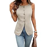 vinglam Women's Linen Vest Square Neck Button Down Back Tie Blazers Vest with Pockets