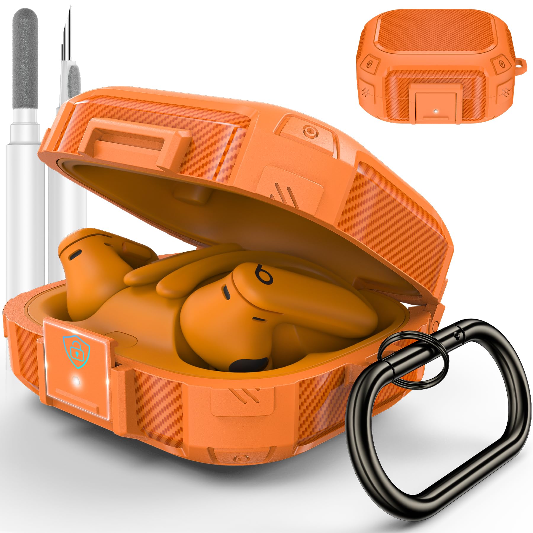 Photo 1 of [Upgrade Secure Lock] for Beats Powerbeats Pro 2 Case Cover, LDSXAY Carbon Fiber Shockproof Protective Cover for Powerbeats Pro 2 2025 with Cleaner Kit & Carabiner (Orange)