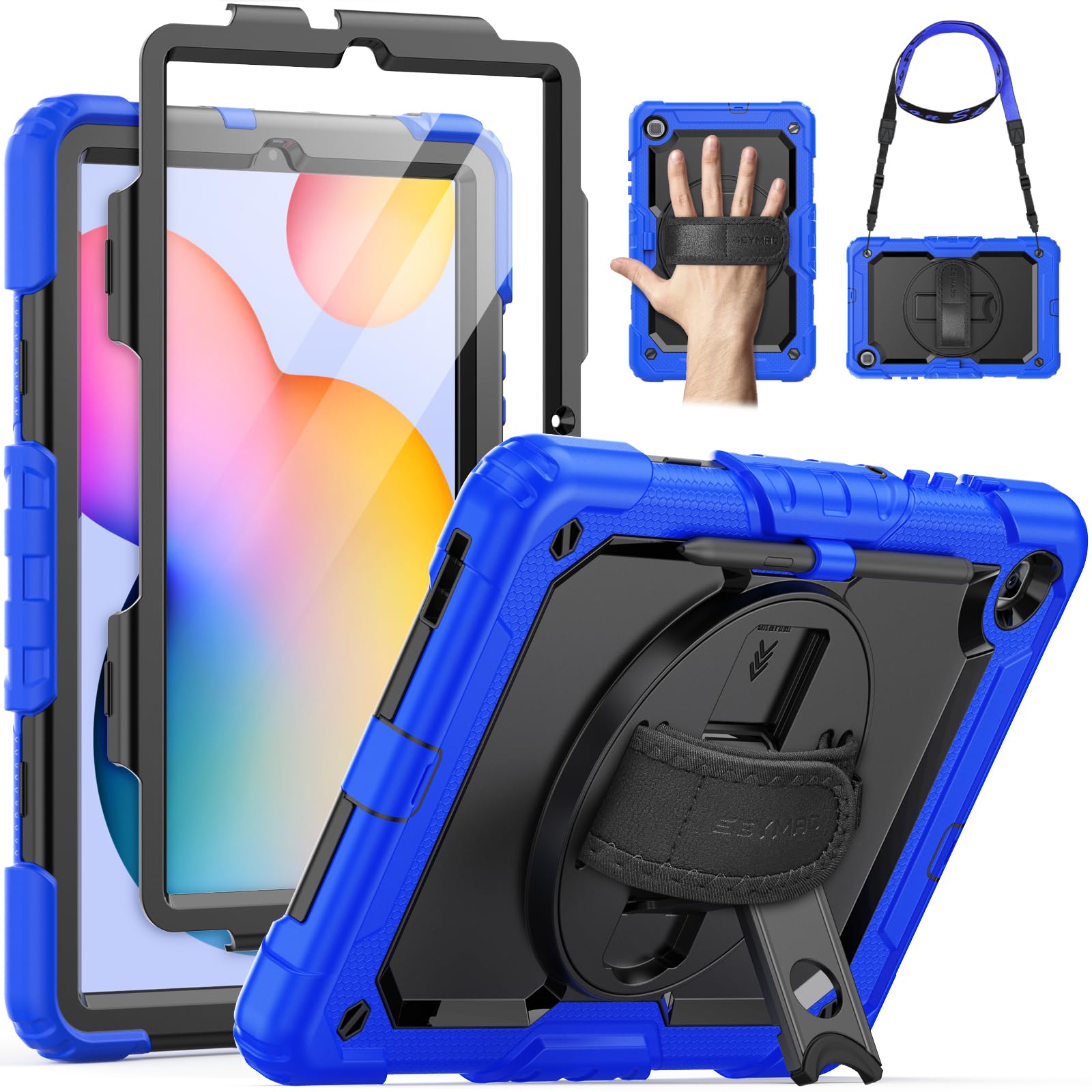 SEYMAC Case for Samsung Galaxy Tab S6 Lite 10.4 Inch 2024/2022/2020, Protective Tablet Case with 360 Rotating Hand Strap & Stand, Pen Holder, Screen Protector and Shoulder Strap, Blue