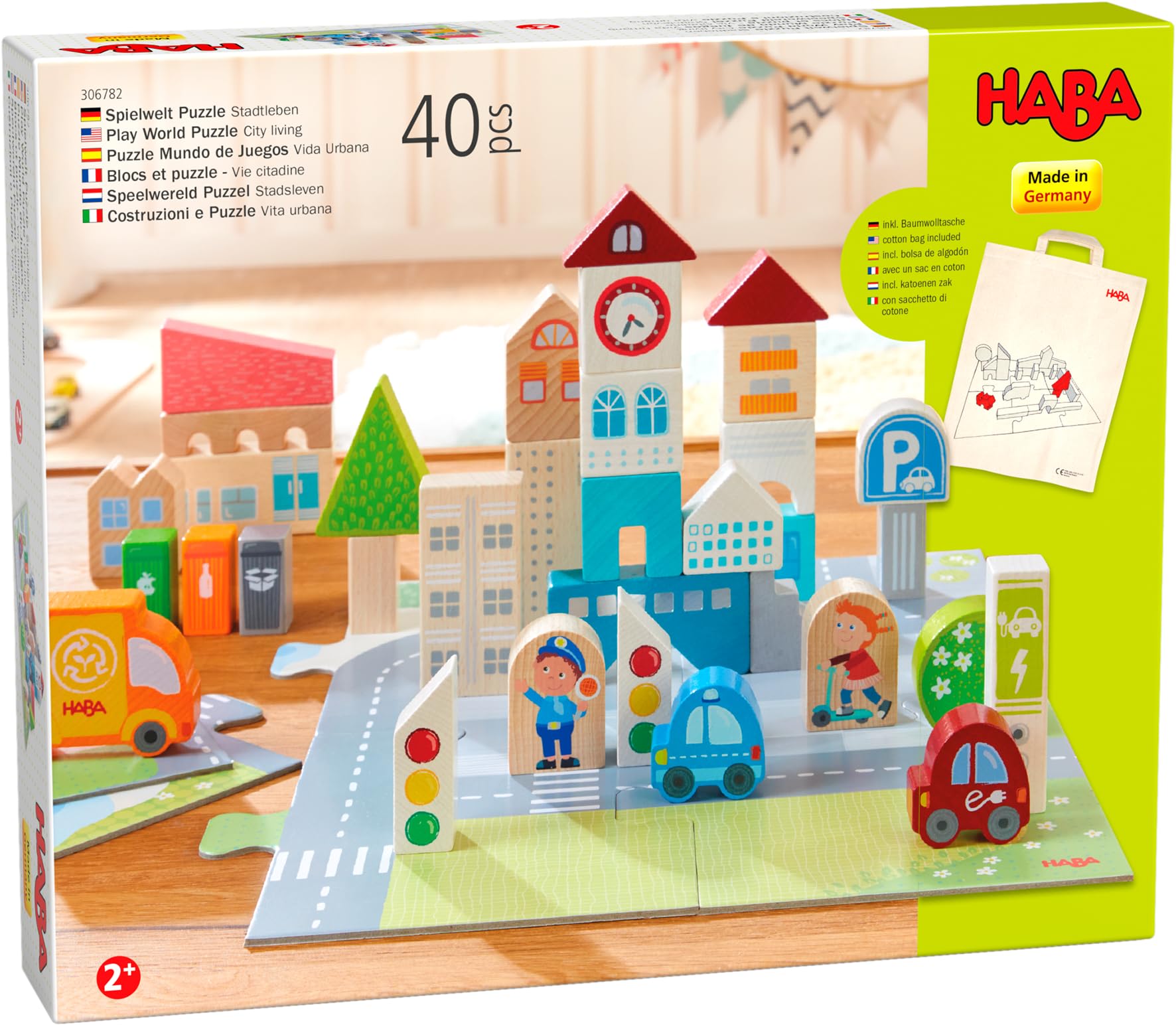 HABA 306782 Wooden Play World Puzzle City Living- 40 pieces- Great City Setting for Puzzles, Play and Discovery- Ages 2 and Up (Made in Germany)