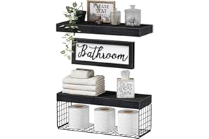 QEEIG ‎Bathroom Shelves Over Toilet - Paper Storage Wall Mounted Farmhouse Decor Decorations Aesthetic Décor Sign Small Floating Wall Shelf 2+1 Set 16 inch, Black (020B)