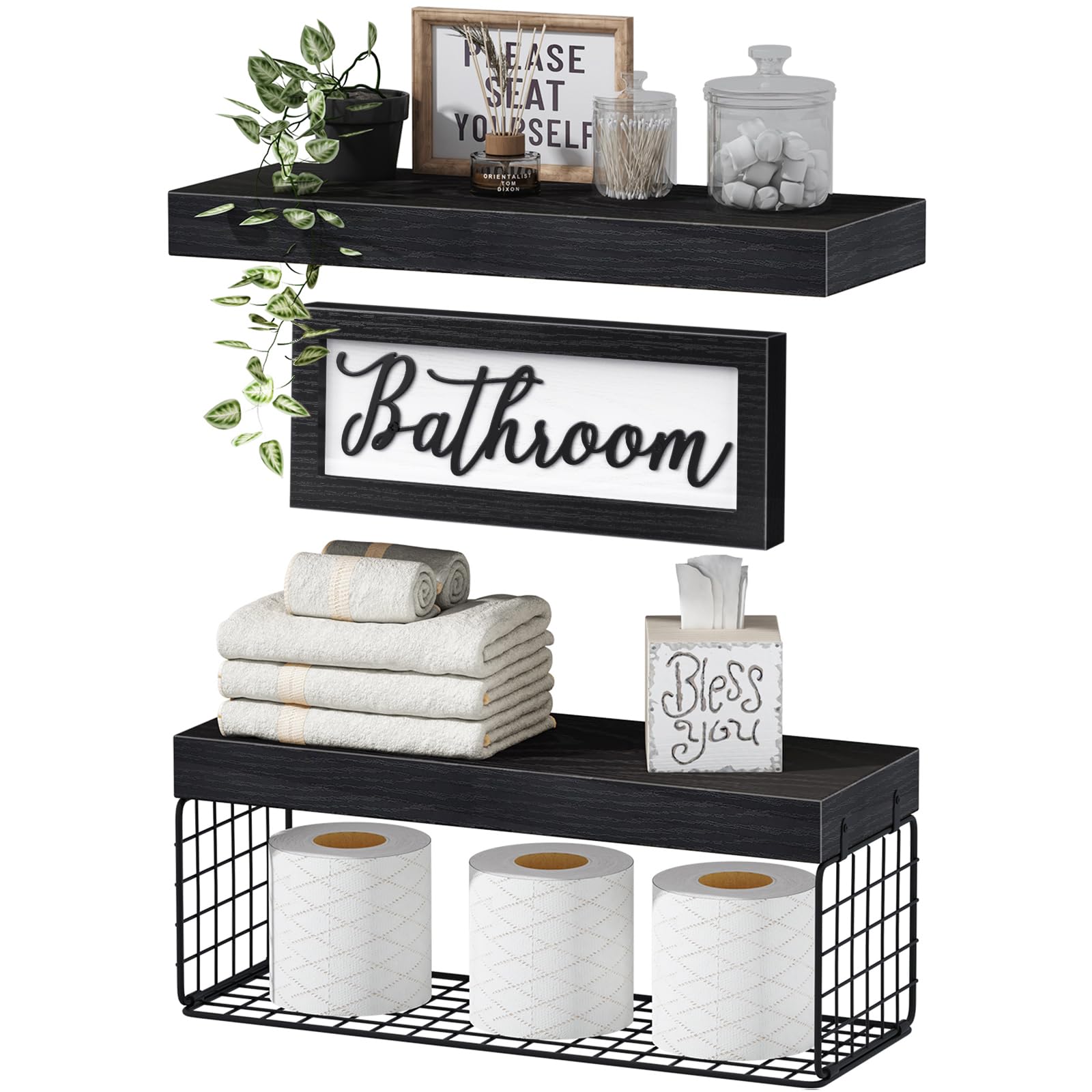 Photo 1 of QEEIG ?Bathroom Shelves Over Toilet - Paper Storage Wall Mounted Farmhouse Decor Decorations Aesthetic Décor Sign Small Floating Shelf 2+1 Set 16 inch, Black (020B)LPNPMEX8989618
