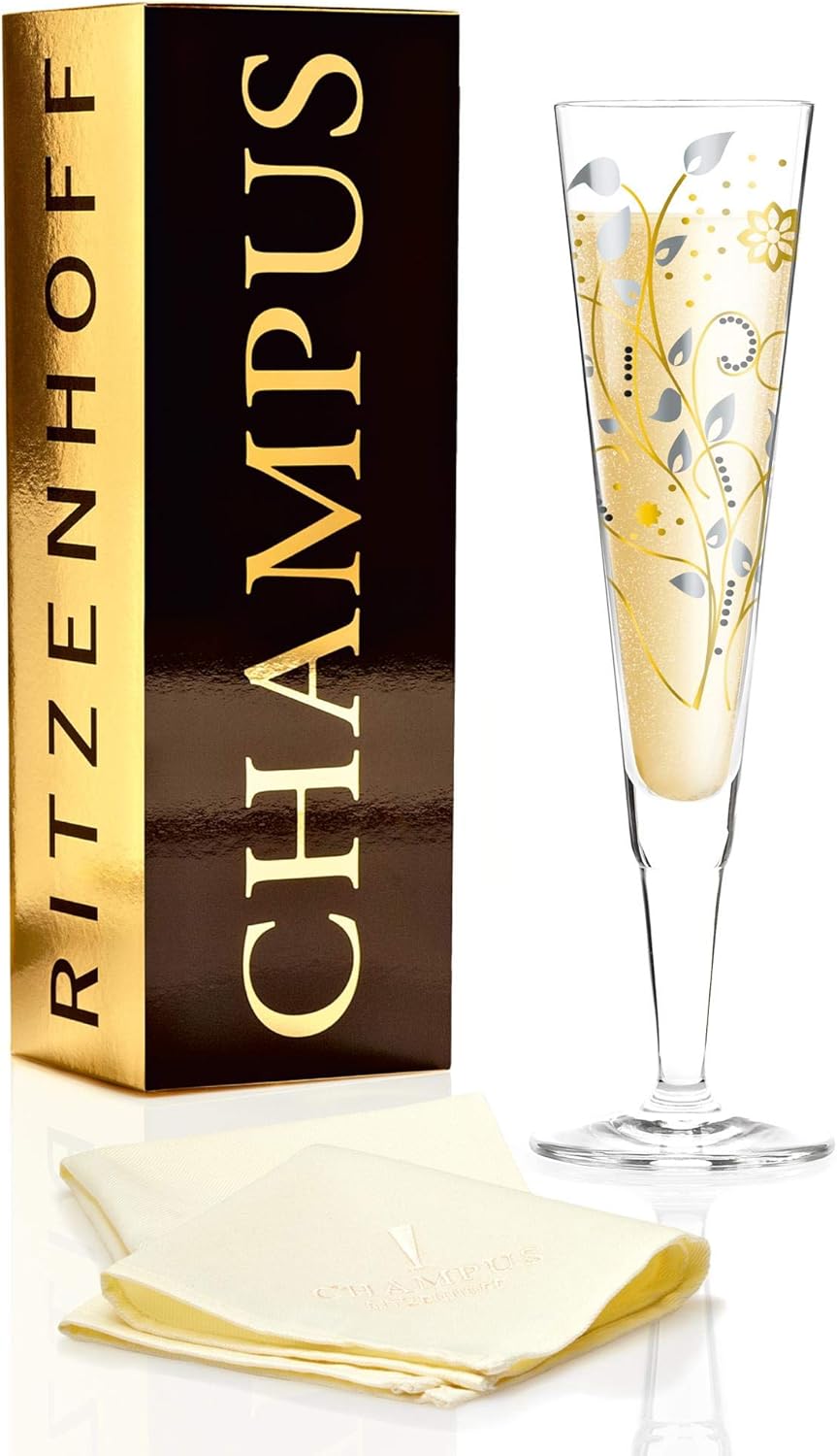 RITZENHOFF Champus Champagnerglas von Nuno Ladeiro, aus Kristallglas, 200 ml, mit edlen Gold- und Platinanteilen, inkl. Stoffserviette