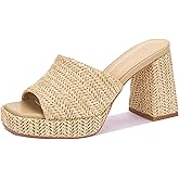 IDAWIVI Heeled Sandals for Women Raffia Platform Heels Espadrilles Beach Summer Shoes Chunky Block Heel Slip On Open Toe