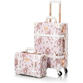COTRUNKAGE Vintage Trunk Luggage Set Carry On Suitcase for Women (13" &amp; 20", Pink Floral)