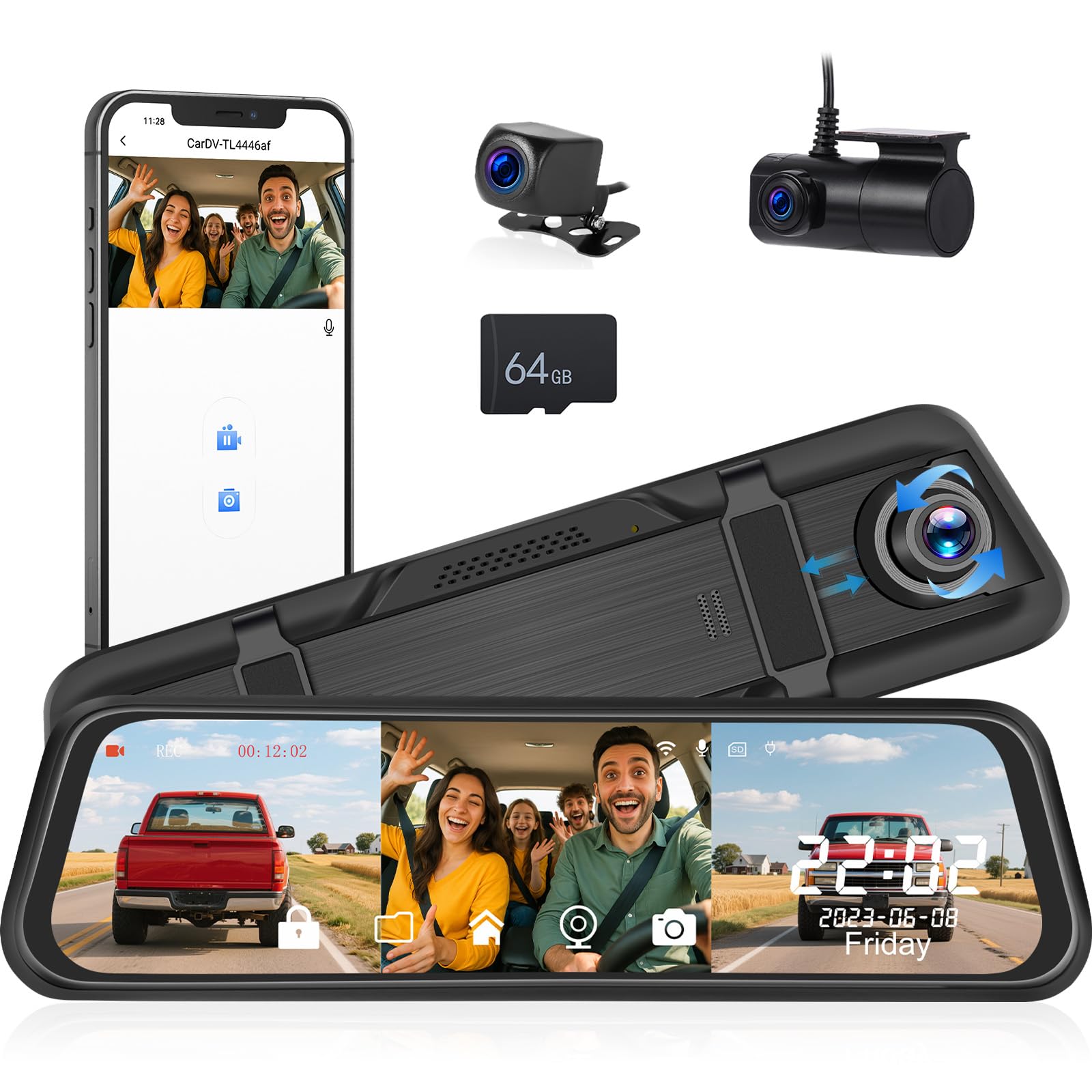 Photo 1 of 3 Channel 9.66'' WiFi Mirror Dash Cam with Front and Rear Camera IPS Touch Screen,Triple Rear View Mirror Camera with App Recording,64GB TF Card,Loop Recording,Night Vision, G-Sensor Parking Monitor