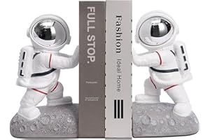 Kakizzy Space Theme Bookends - Astronaut Kids Book Stoppers, Heavy Duty Resin Bookends for Shelves (D-Silver Color)