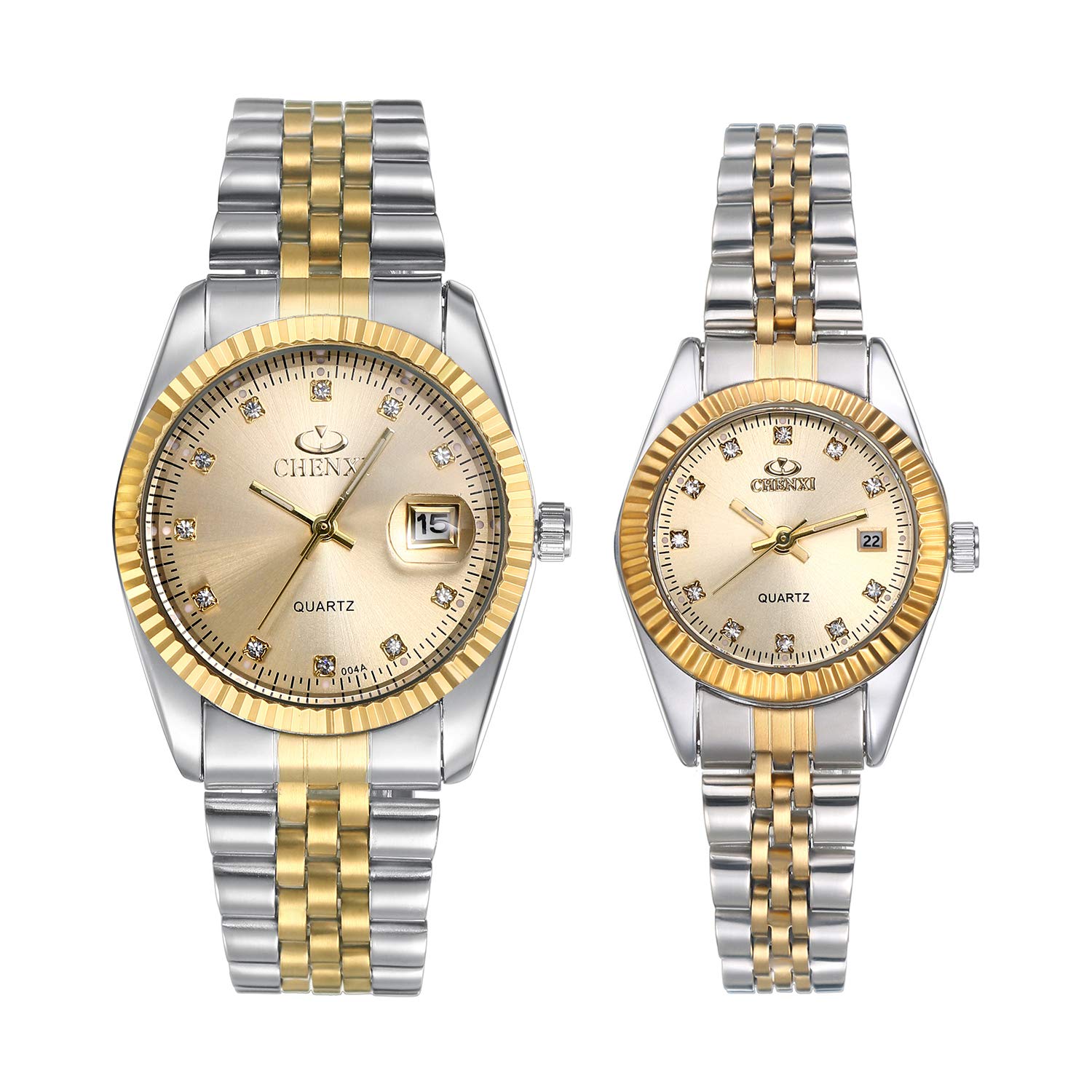 JewelryWe His and Her Matching Couple Watches Gold-Silver Tone Quartz Calendar Watch,2PCS Gold