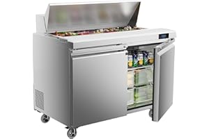 Coolake 48''W 2 Door Commercial Salad Sandwich Prep Table Refrigerator, Stainless Steel 13.5 Cu.ft Counter Fan Cooling Refrigerator with 12 Pans for Restaurant, ETL DOE