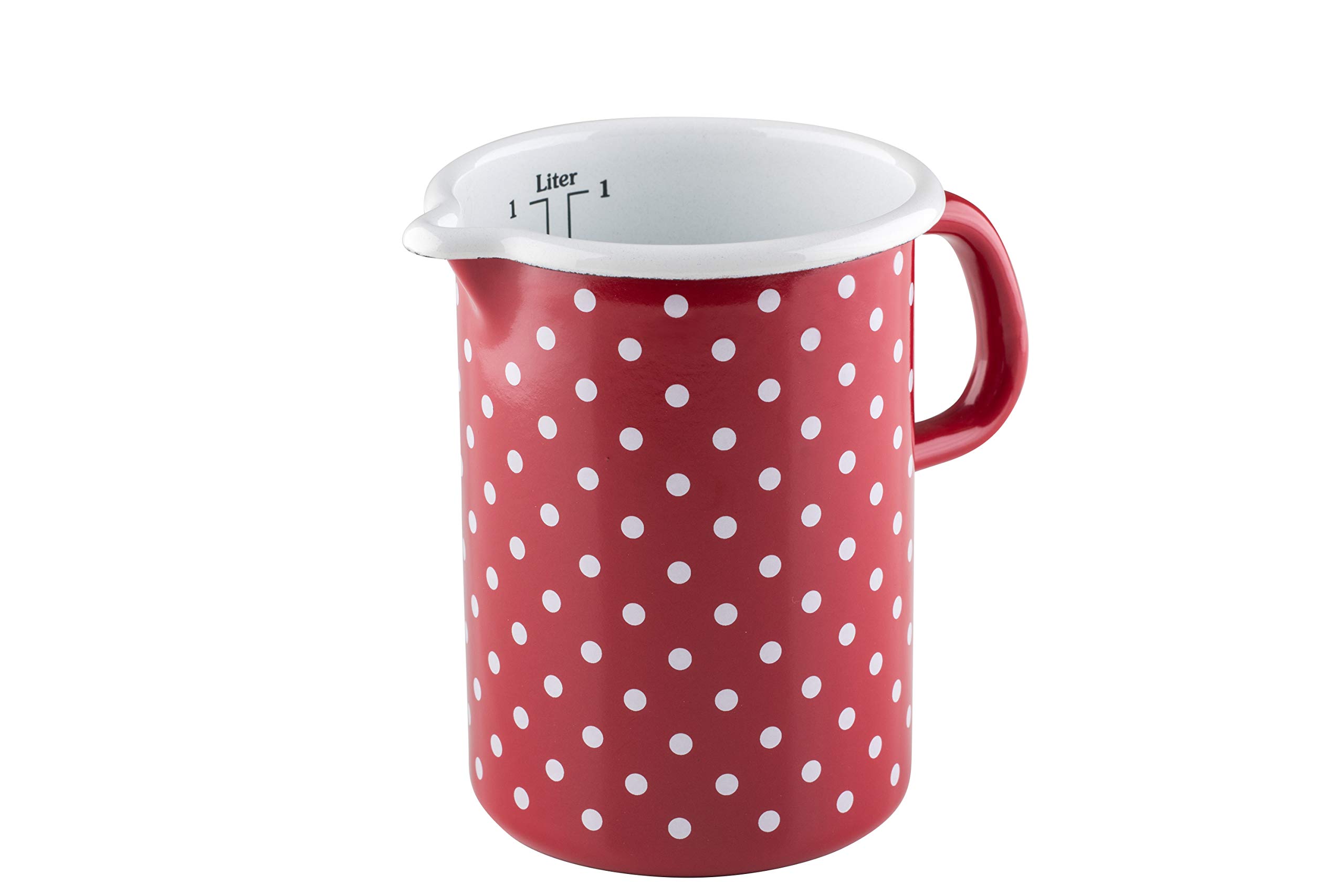 Riess, 0338-077, Kitchen Measure 10 1,00 L, Country - PÜNKTCHEN RED, Diameter 10 cm, Height 14,8 cm, Capacity 1 Litre, Enamel, red/White, Induction