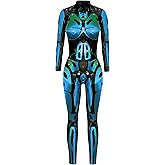 FEOYA Skeleton Jumpsuit for Women Halloween Costume Long Sleeve Skinny Catsuit 3D Print Skull Bodysuit Bone Cosplay Outfit