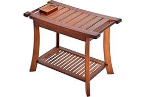 Jekruiet Teak Shower Chair Stool, 24" Shower Bench Seat, Wooden Bathroom Bench with Storage Shelf for Indoor & Outdoor Use,Wa
