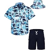 MOHEZ Boys Hawaiian Shirt and Short Set Summer Outfit Kids 2 Piece Clothes Set With Bucket Hat
