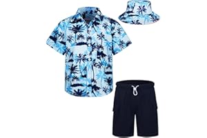 MOHEZ Boys Hawaiian Shirt and Short Set Summer Outfit Kids 2 Piece Clothes Set With Bucket Hat