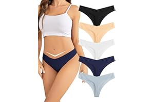 VOENXE Seamless Women Underwear Thongs,Low Rise No Show Ladies Panties,Breathable Comfortable Undies,V Waist Cut Tanga,5-Pack