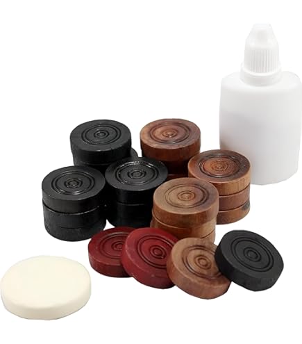 IBLAY Monedas Y Golpeador Para Carrom – 24 Piezas De Madera Profesional Con Borde Apilable, Incluye 11 Blancas, 11 Negras, 2 Rojas Y 1 Striker (Diseño Marfil)