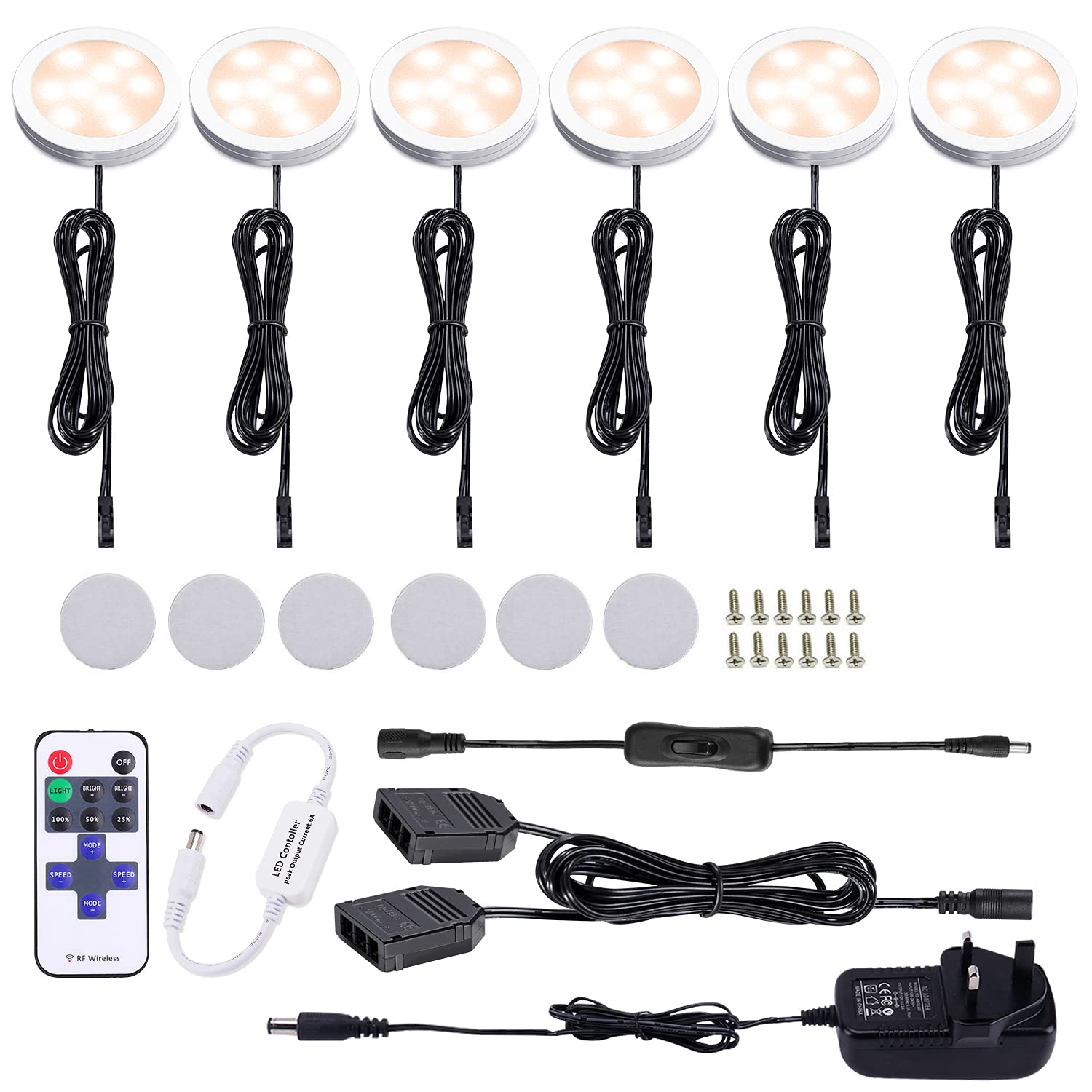 AIBOO Under Cabinet Kitchen Lights LED Wired 6 Pack with Remote,Dimmable Warm White Puck Lights Mains Hardwired and Pulg in Under Cupboard Lighting for Closet,Counter,Cupboard,Shelf