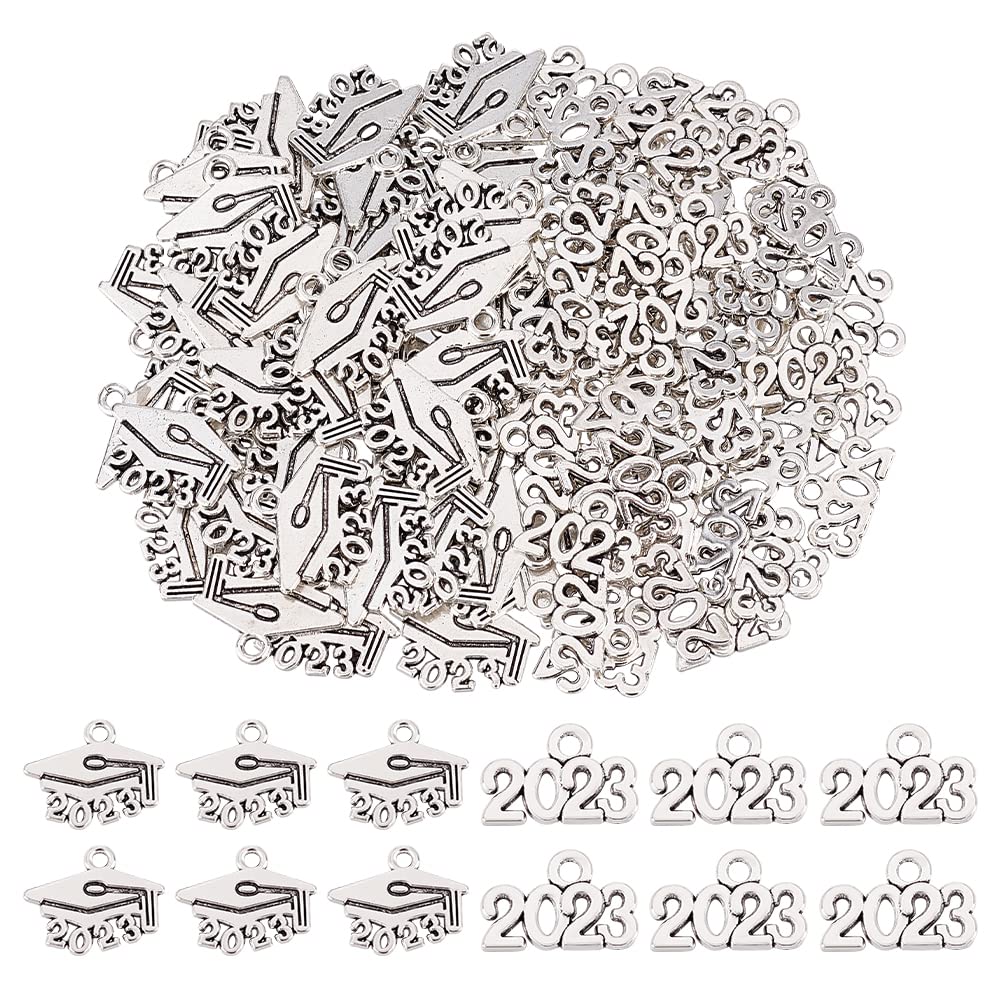 CHGCRAFT 120Pcs 2 Styles Tibetan Alloy Graduation Charms Year 2023 Charms Doctoral Hat Birth Year 2023 Graduation Decoration for Handcraft Work Graduation Tassel DIY Making, 10x14mm