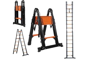 BOWEITI 14.5FT Telescoping Ladder,Telescoping A Frame Ladder with Balance Bar and Movable Wheel,Household Use Folding Ladder,Multi-Purpose Collapsible Ladder for Outdoor Work（Black+Orange）