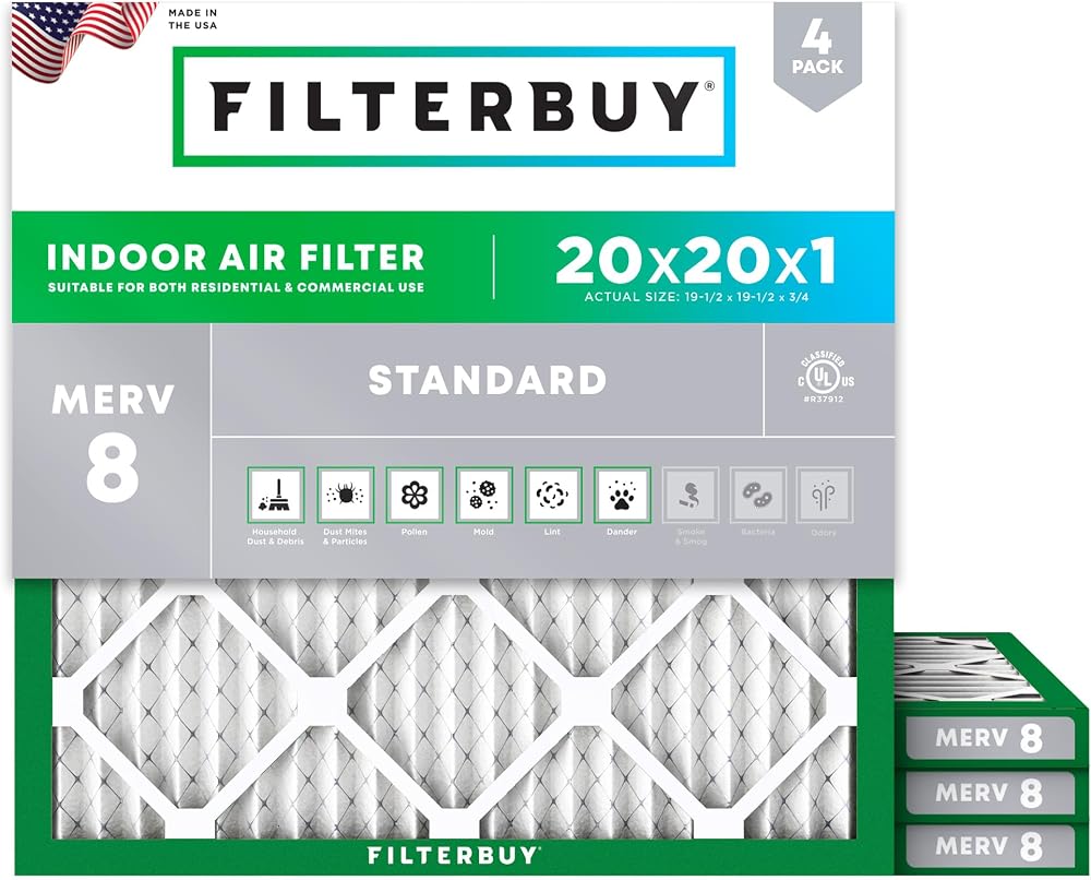 Filterbuy 20x20x1 Air Filter MERV 8 Dust & Allergy Defense (4-Pack) | Electrostatic Pleated HVAC AC Furnace Filters Replaceme
