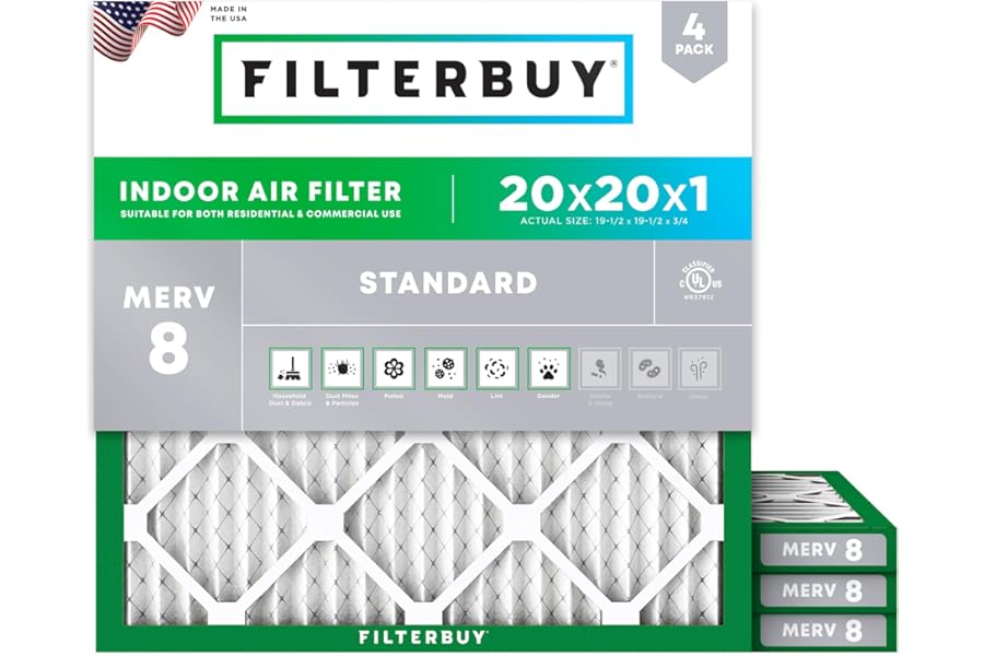 Filterbuy 20x20x1 Air Filter MERV 8 Essential Dust & Allergy Defense (4-Pack), Electrostatic Pleated HVAC AC Furnace Filters Replacement (Actual Size: 19.50 x 19.50 x 0.75)