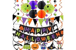 FINALFIESTA Happy Halloween Banner Triangle Flag Bunting Circle Confetti Dots Hanging Garland Honeycomb Ball Swirl Streamers for Halloween Party Decorations Fireplace Mantle Home Decorations