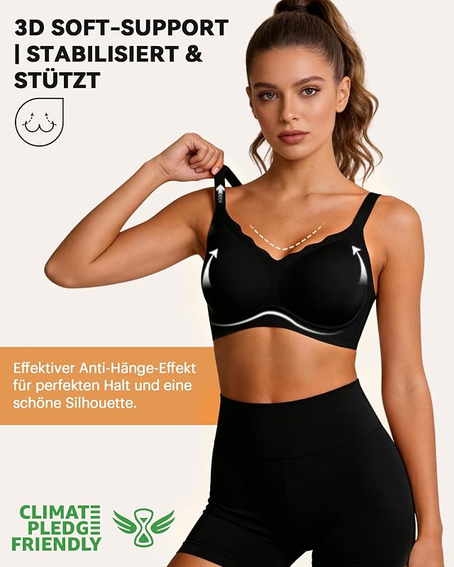 BH Damen Ohne Bügel Seamless Gepolstert Komfort Tiefer V Schwarz L