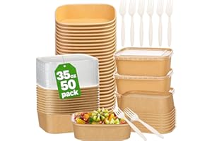 Artuxer 50-Pack 35oz Disposable Kraft Paper Bowls 【with Lids and Forks】,Disposable Meal Prep Containers,to go food containers,Microwavable and Freezer Take Out Containers for Hot/Cold Food