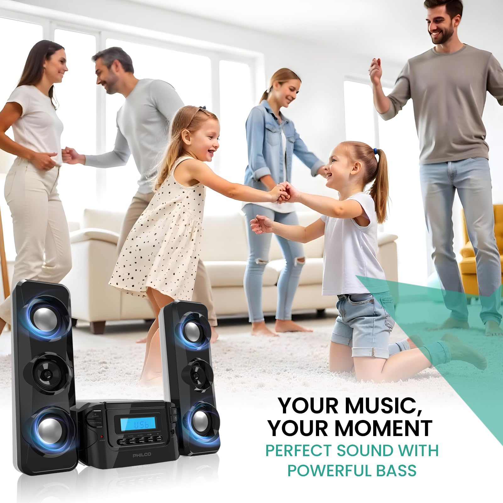 Philco Stereo Shelf Systems Compact CD Shelf System with Digital FM Stereo Radio, Bluetooth Wireless Technology, and Remote Control in Black | LCD Display | MP3 & AUX Port Compatible | USB Playback