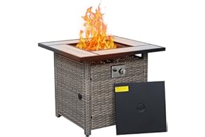 WAROOM Outdoor Propane Fire Pit Table for Outside, 30 Inch 50,000 BTU Square Grey Rattan Gas Firepit with Tabletop, Fire Glass, and Waterproof Cover, for Parties and Gatherings on Patio Garden Backyard Porch
