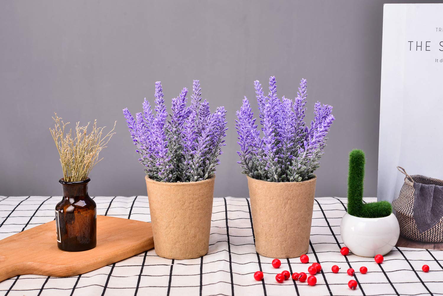 AlphaAcc 2 Piece 8 inches Potted Lavender Artificial Flower with Metal Wire Hanging Display for Home Decoration