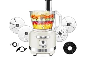 Homtone 16 Cup Food Processor, French-Fry-Cutter Food Processors, 9 Functions 7 Blades for Shredding, Slicing, Doughing, Emulsfying and Meat Vegetable Chopping for Home Use, 3 Speeds, 600W, Beige