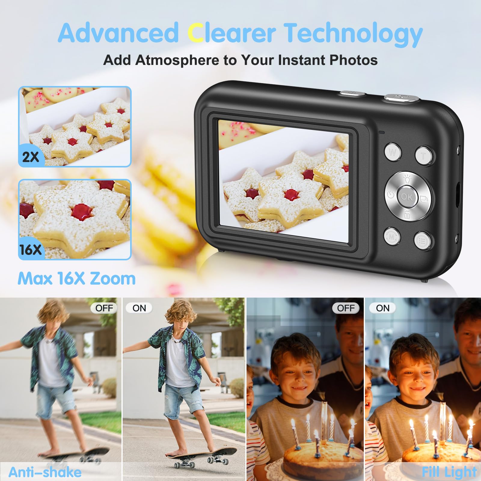 Digital Camera, FHD 1080P Digital Camera for Kids with 32GB Card, Vlogging Camera for Video Anti-Shake, Portable Point and Shoot Camera Fill Flash 16X Zoom, Small Camera for Travel—Black