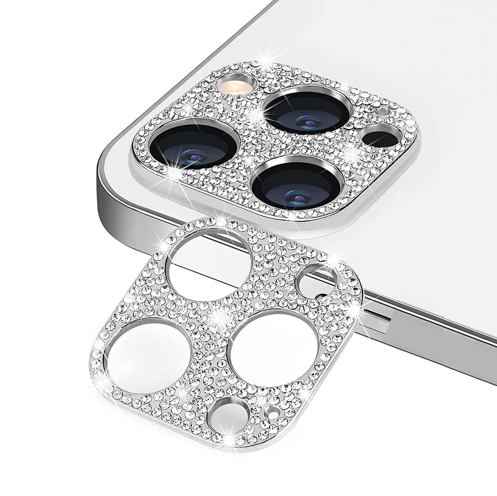 GIOPUEY Crystal Diamond Camera Protector Compatible with iPhone 14 Pro Max, iPhone 14 Pro Camera Lens Protector, BlingBling, Aluminum Alloy, Anti-Fall - silver