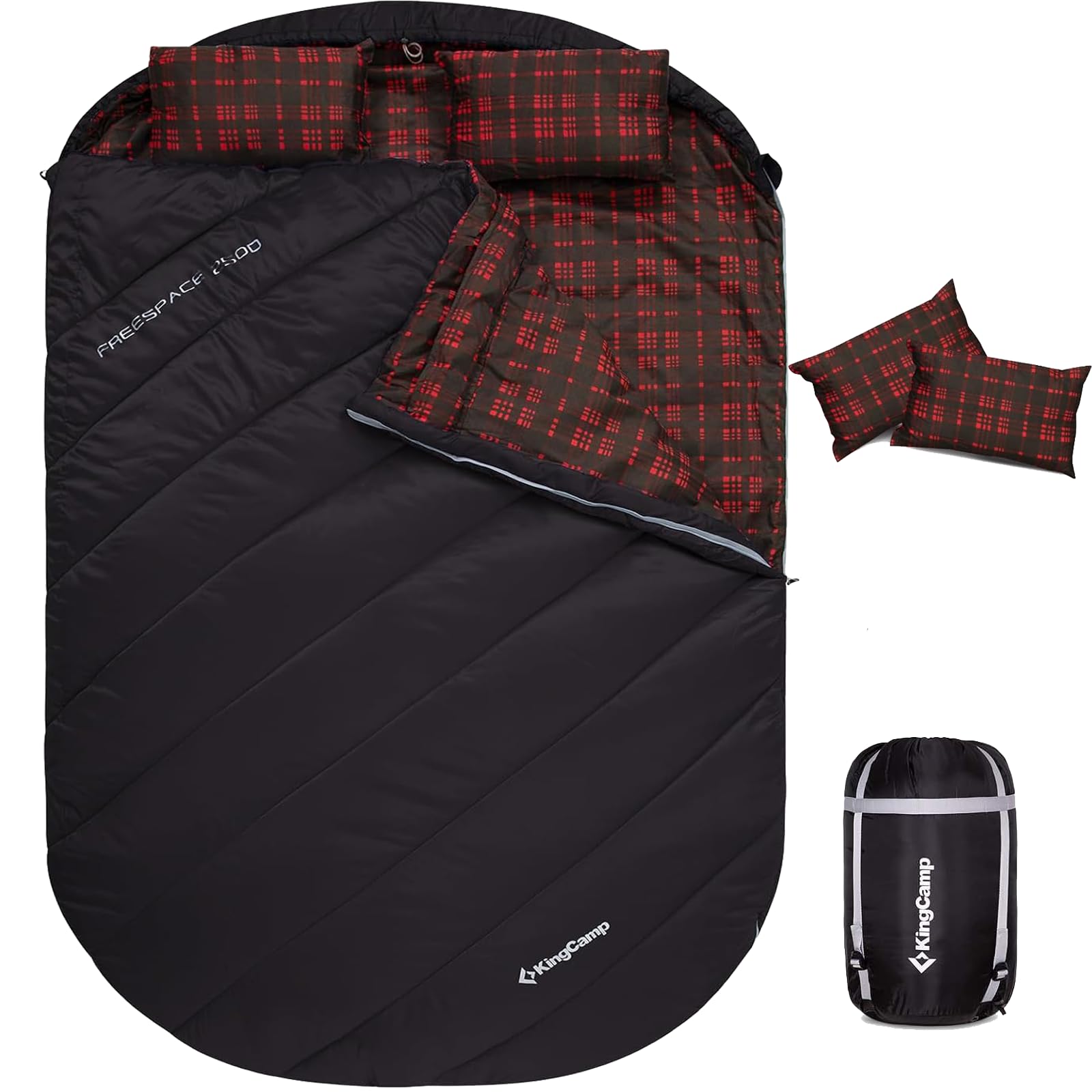 View 1 of **DIRT FROM TRANSPORT **KingCamp Double Sleeping Bag for Adults, Queen Size 2 Person XXL Flannel Sleeping Bag, Lightweight Waterproof with 2 Pillows & Compression Sack for Couples & Family Camping, Black
