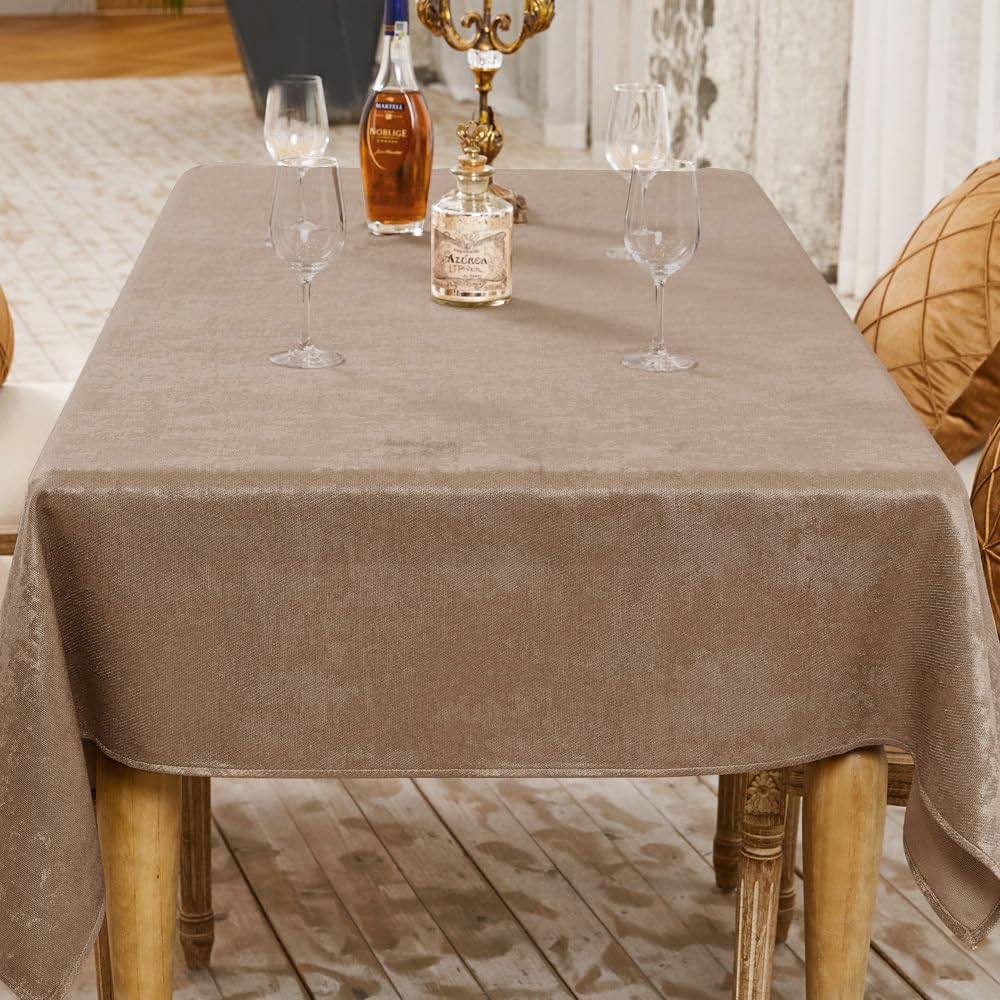 BALCONY & FALCON Table Cloth Wipe Clean Waterproof Rectangular – Linen-Effect Shimmer Washable Tablecloth for Dining, Kitchen, Outdoor, Party, Picnic, Wedding, Christmas – Taupe, 145 x 300 cm